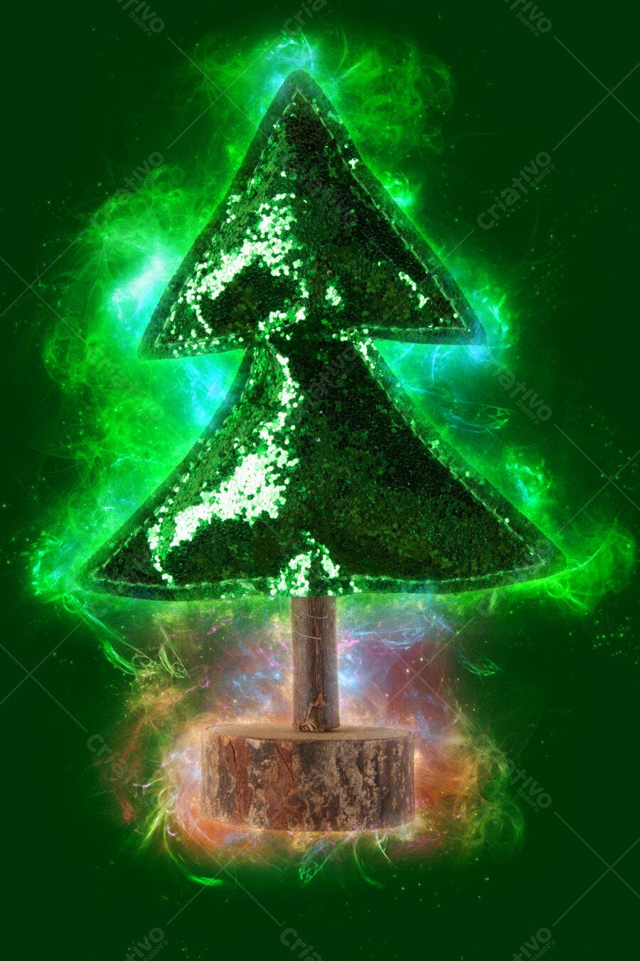 Árvore de Natal verde brilhante com base de madeira e aura mágica