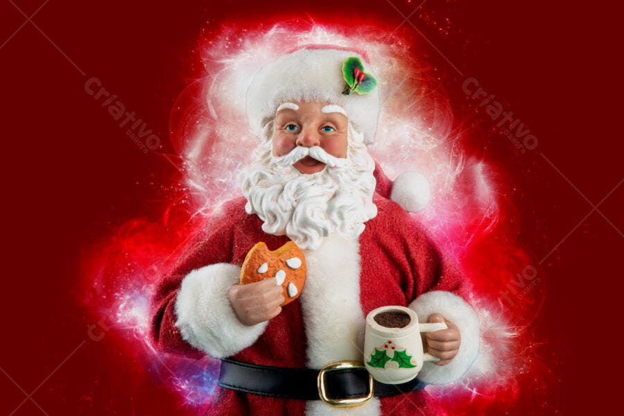 Papai Noel sorridente com biscoito e caneca de chocolate quente no Natal