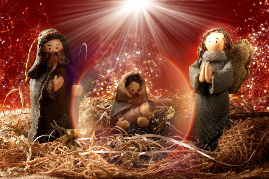 Presépio de Natal com Maria, José, Jesus e anjo em fundo vermelho brilhante