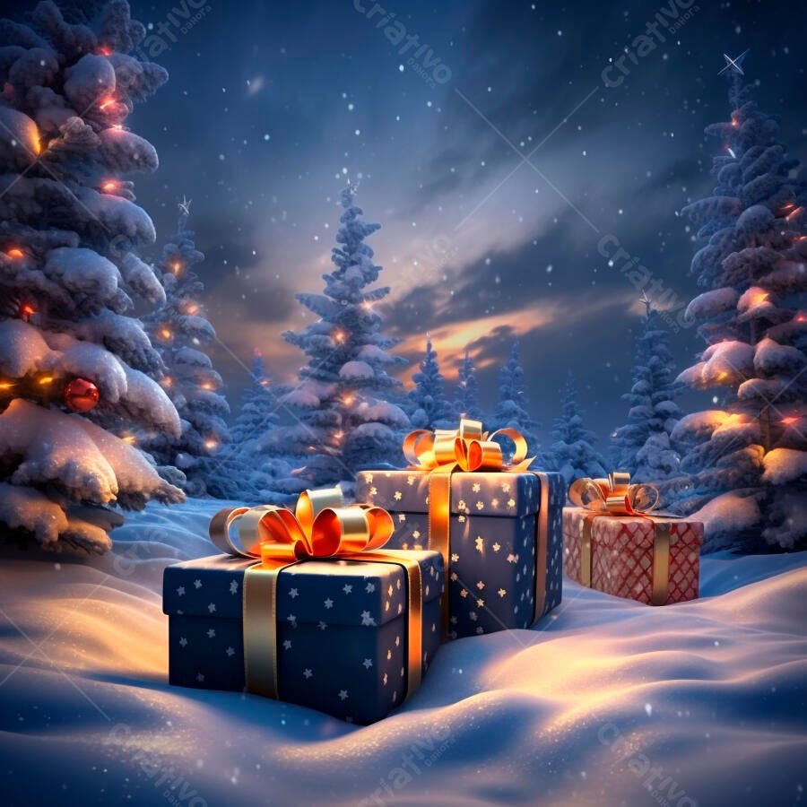 Presentes de Natal azuis e vermelhos na neve com árvores iluminadas