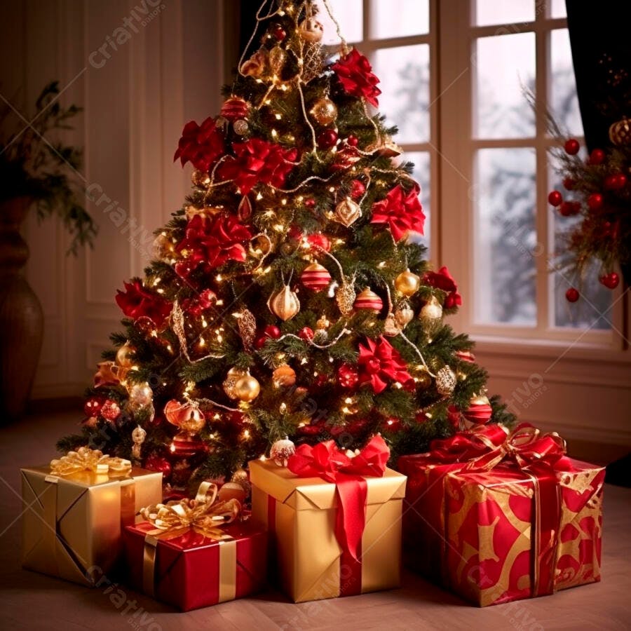 Árvore de Natal verde decorada com laços vermelhos e presentes dourados na sala de estar