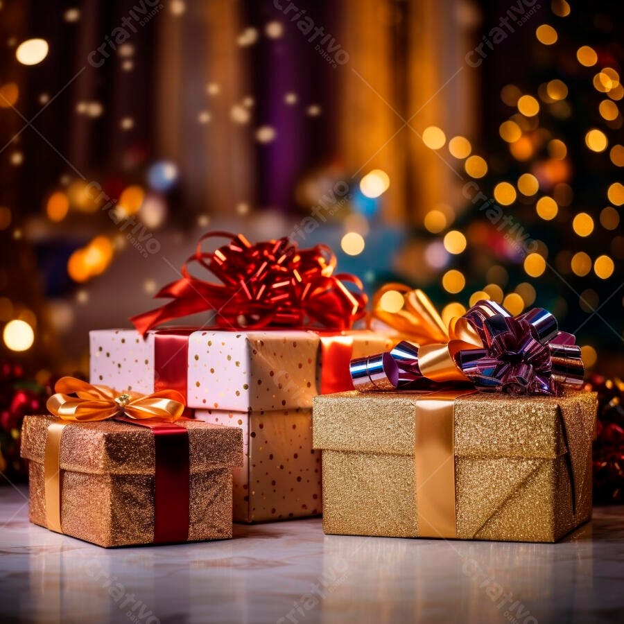 Caixas de presente douradas e vermelhas brilhantes para celebração de Natal