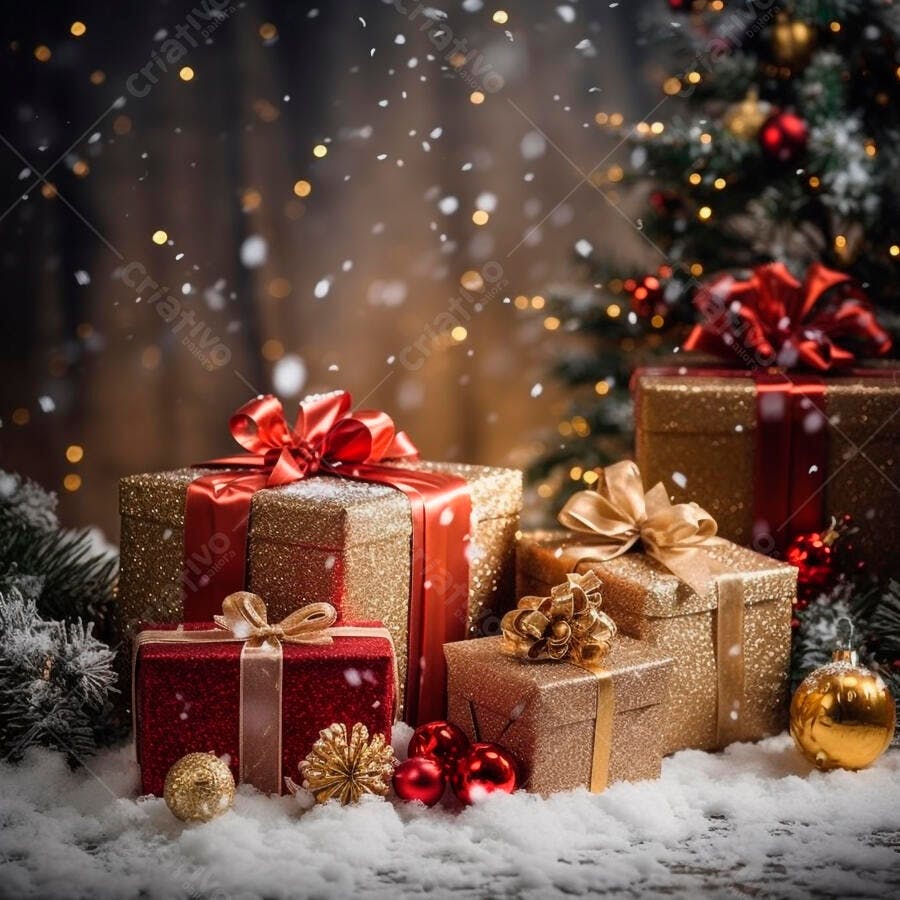 Presentes de Natal dourados e vermelhos sob neve com árvore iluminada
