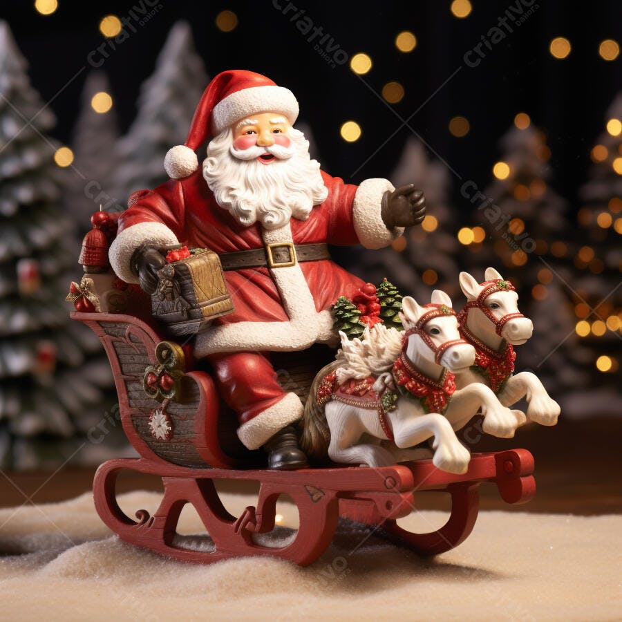 Papai Noel vermelho em trenó com cavalos brancos na neve festiva de Natal