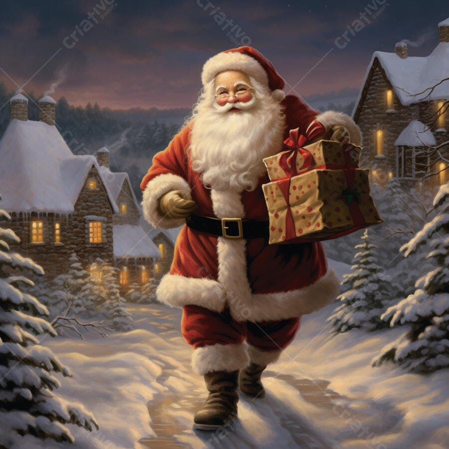 Papai Noel feliz andando na neve com presentes em vila natalina à noite