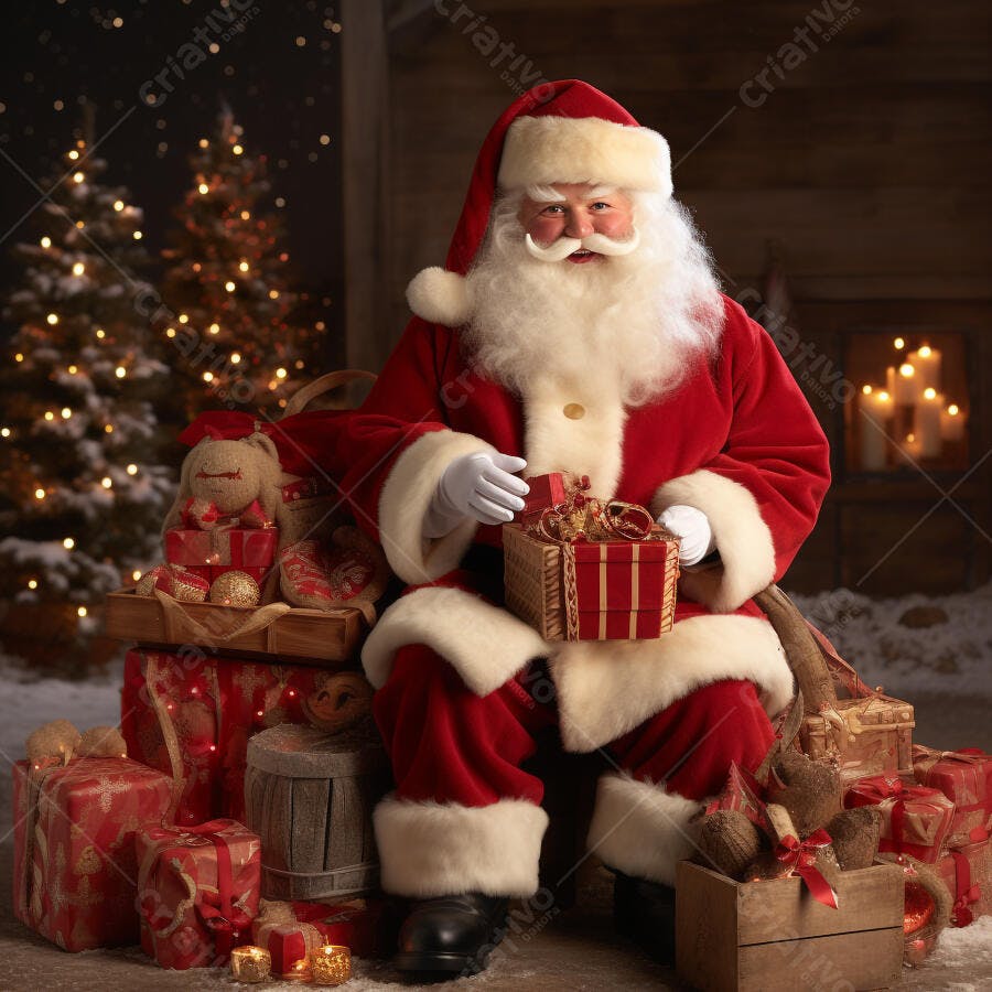 Papai Noel sorridente sentado com presentes em noite de Natal nevada