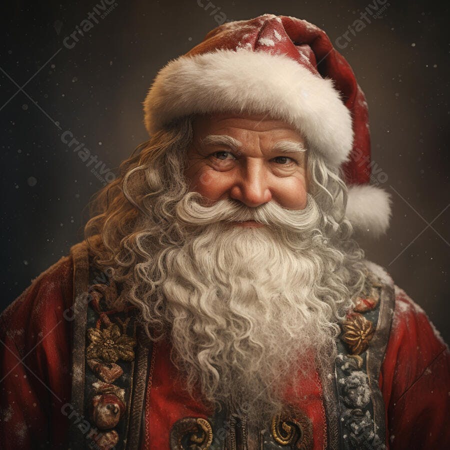 Papai Noel sorridente com barba branca e gorro vermelho em fundo nevado natalino