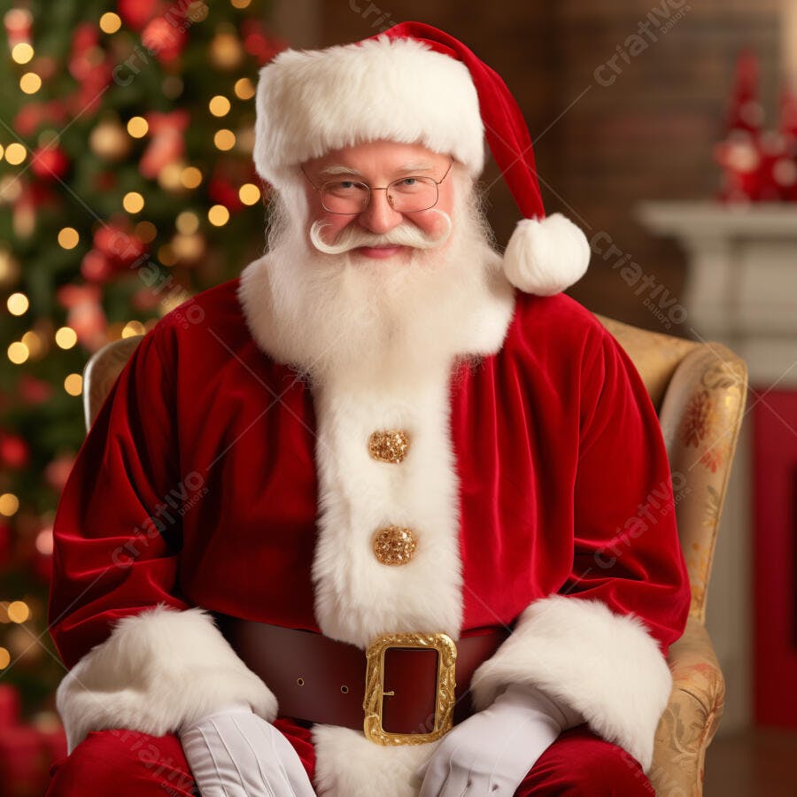 Papai Noel de óculos sorrindo em poltrona natalina clássica