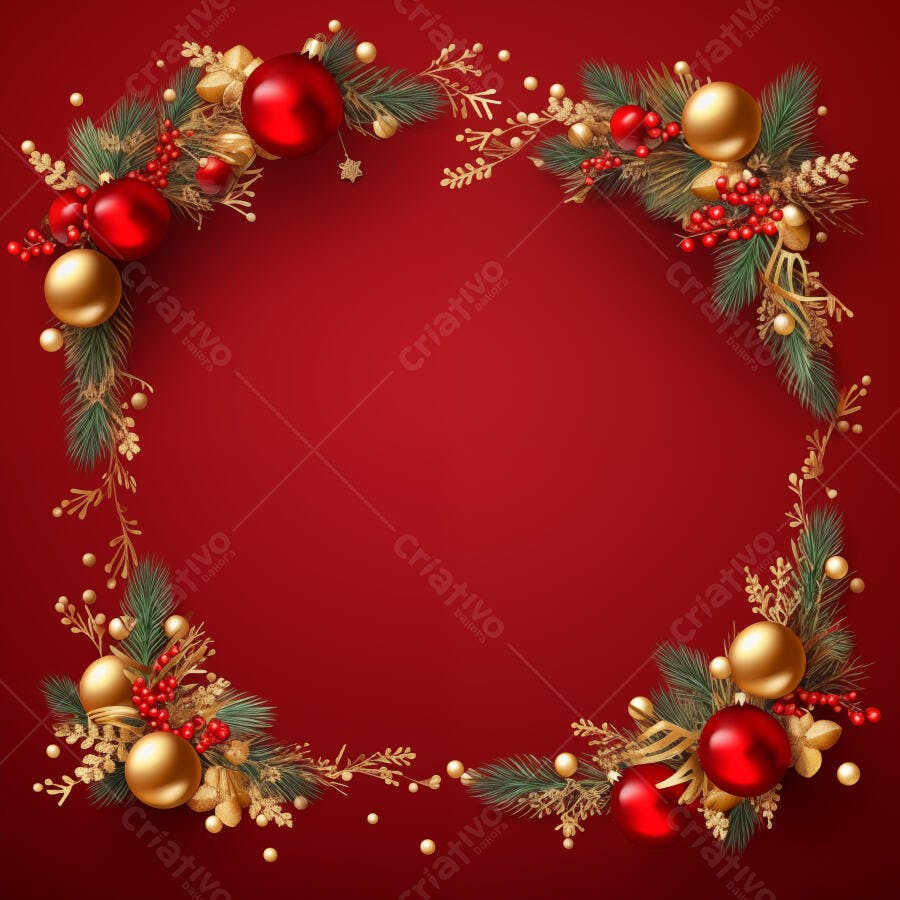 Moldura de Natal festiva com bolas vermelhas douradas e pinhas verdes em fundo vermelho