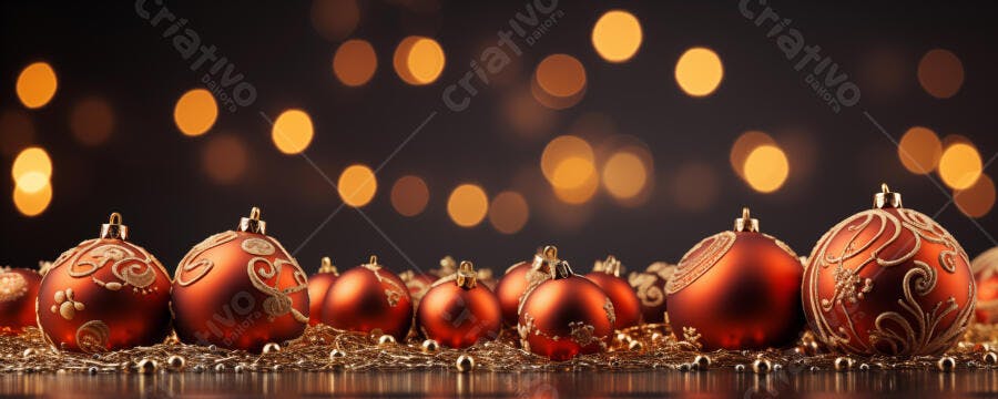 Enfeites de Natal vermelhos e dourados com luzes bokeh festivas