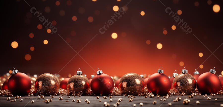 Bolas de Natal vermelhas e douradas texturizadas luzes bokeh fundo