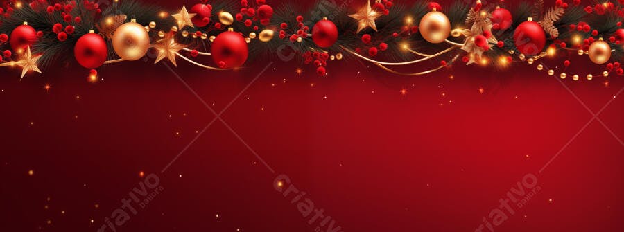 Guirlanda de Natal vermelha e dourada com azevinho e estrelas fundo festivo