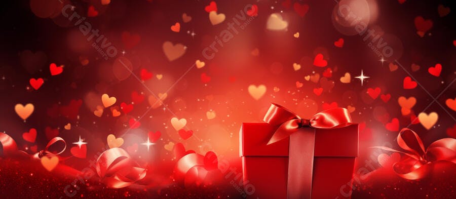 Caixa de presente vermelha com laço em fundo de corações bokeh para amor e romance