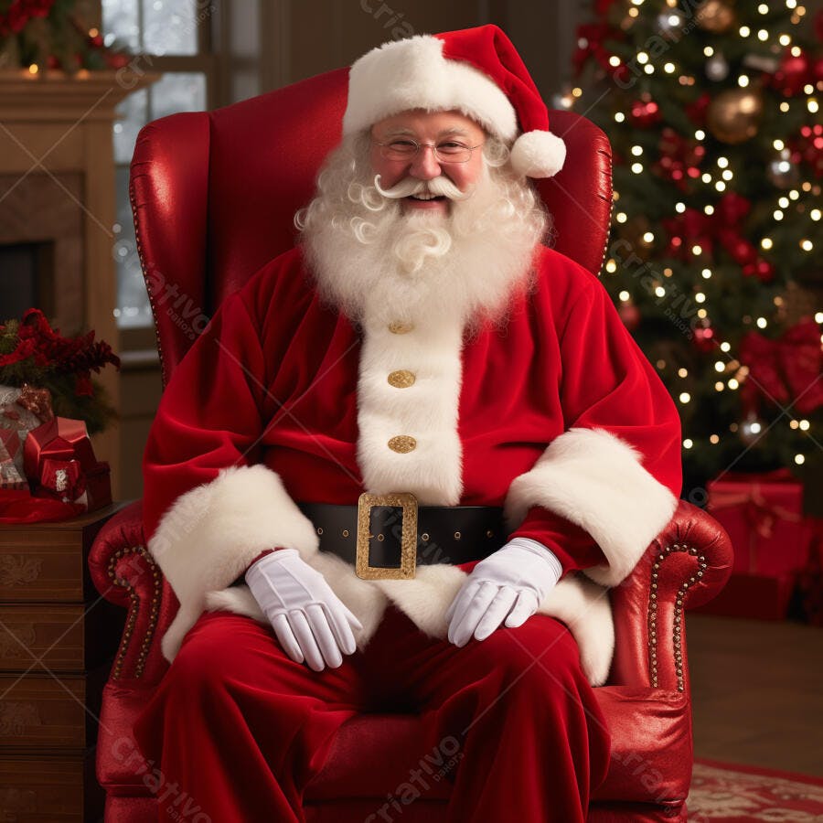 Papai Noel sorridente sentado em poltrona vermelha na manhã de Natal