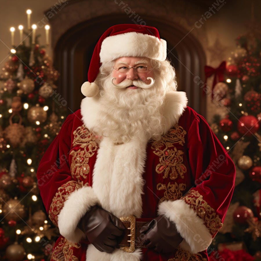 Papai Noel de terno vermelho e branco bordado sorrindo em festa de Natal
