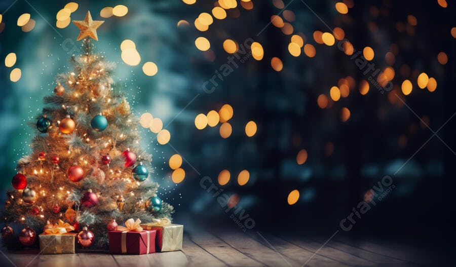 Árvore de Natal decorada com luzes douradas e presentes em celebração festiva de inverno