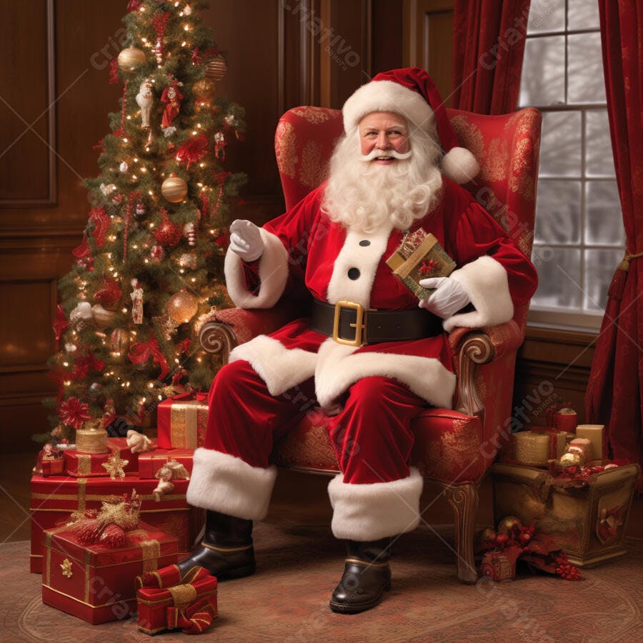 Papai Noel de traje vermelho barba branca segurando presente em sala de Natal aconchegante