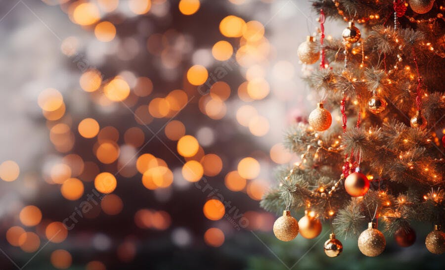 Árvore de Natal festiva com enfeites dourados e luzes brilhantes fundo bokeh