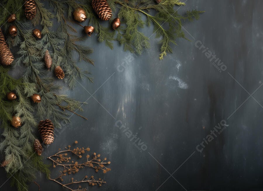 Decoração natalina com ramos de pinho pinhas e enfeites dourados em fundo escuro