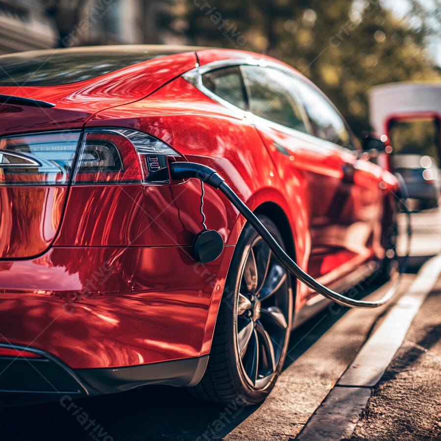 Carro elétrico vermelho moderno carregando em estação na rua