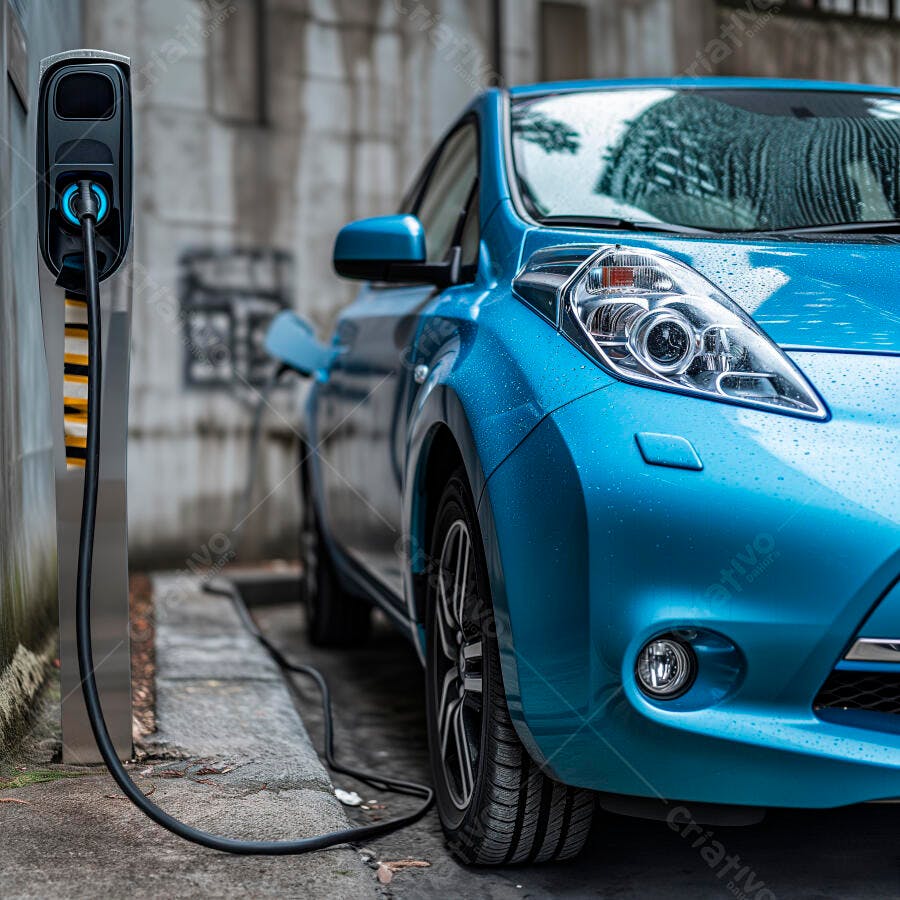 Carro elétrico azul sendo carregado em estação urbana chuvosa