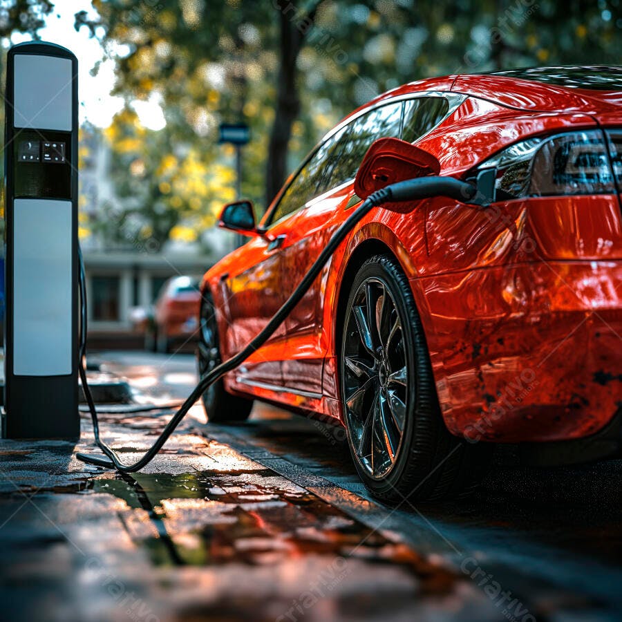 Carro elétrico vermelho carregando em estação urbana com rua molhada
