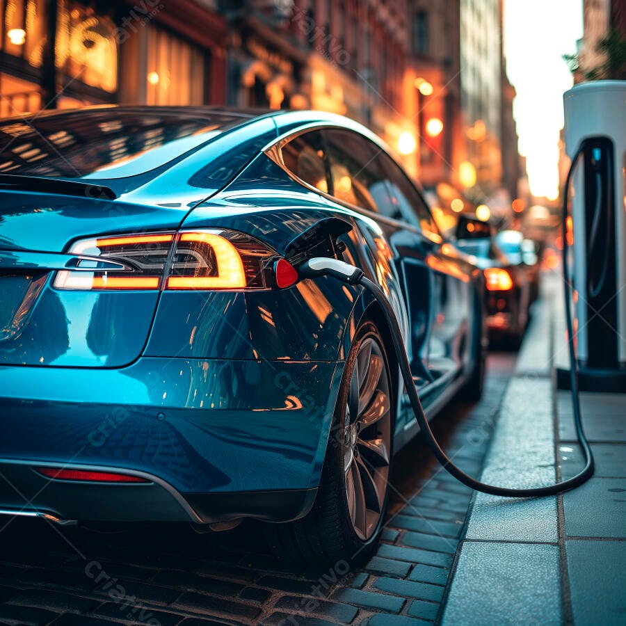 Carro elétrico azul carregando em rua urbana com luzes quentes da cidade à noite