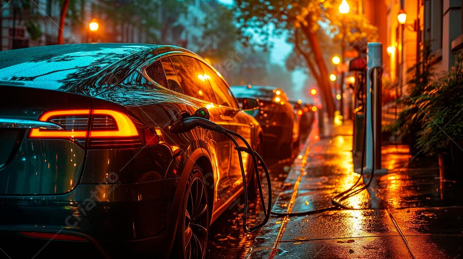 Carro elétrico preto carregando em rua urbana molhada à noite com luzes laranja