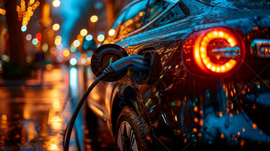 Carro elétrico carregando em rua urbana molhada à noite com luzes bokeh