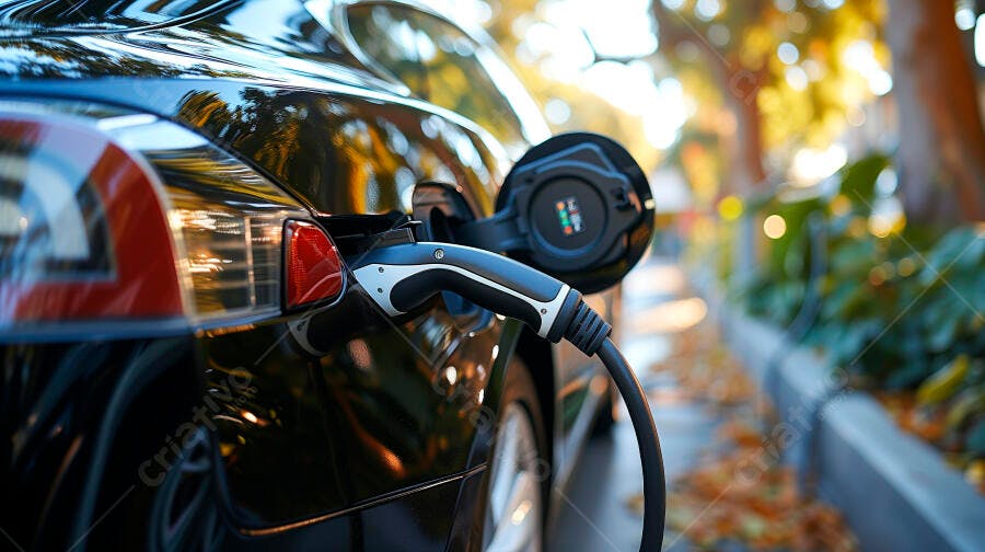 Carro elétrico preto sendo recarregado ao ar livre em dia ensolarado de outono