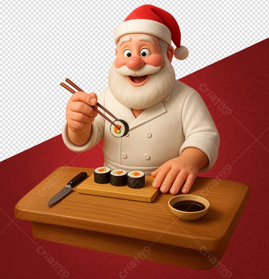 Ilustração Papai Noel Chef com Sushi PSD Editável