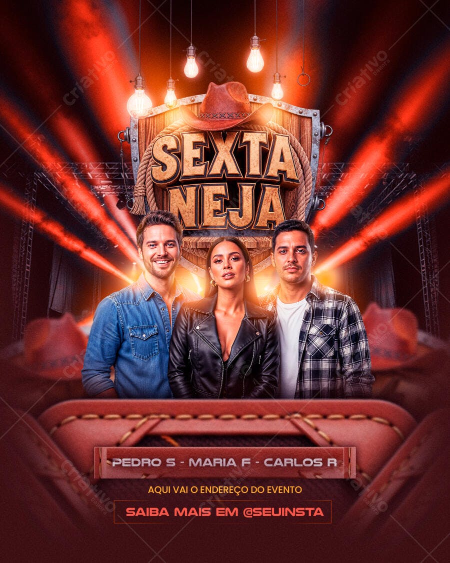 Flyer Sertaneja Sexta Neja Com Trio Musical E Luzes Vermelhas PSD Editável
