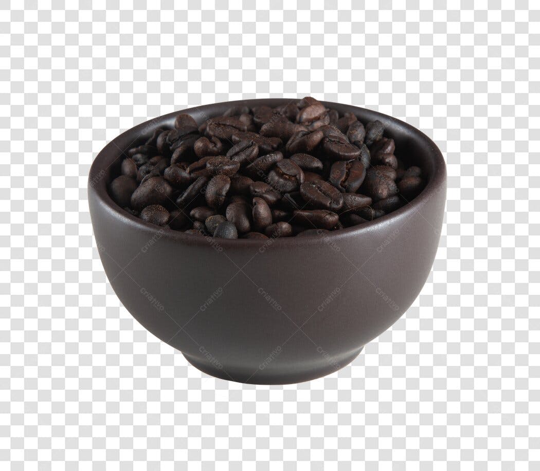Elemento PNG Grãos de Café Torrados em Tigela Marrom com Fundo Transparente