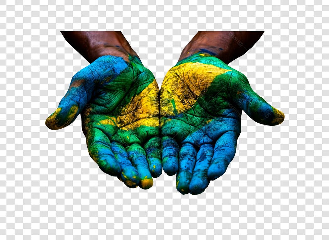 Mãos Abertas Pintadas Bandeira Brasil Pele Escura PNG com fundo transparente