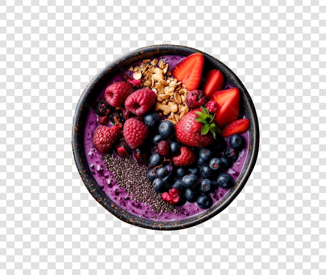 Imagem Tigela de Açaí Frutas Vermelhas Granola Saudável PNG com fundo transparente