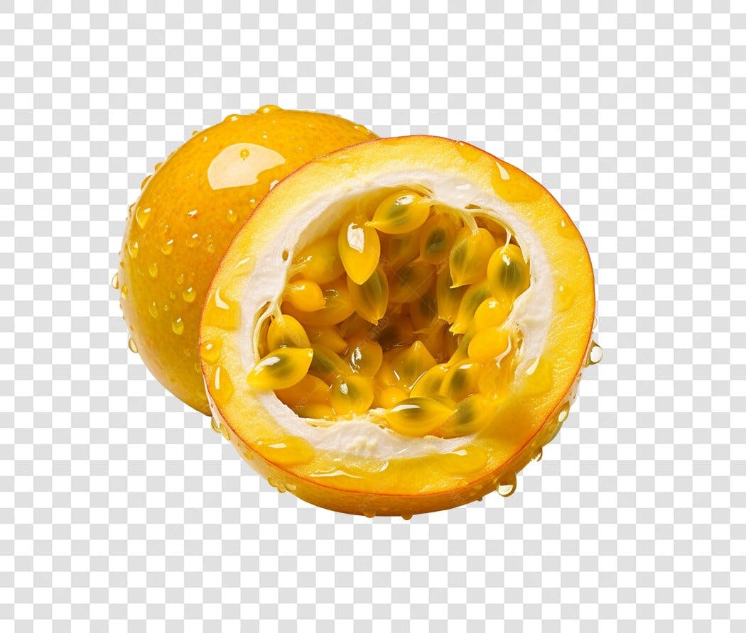 Elemento Gráfico Maracujá Fresco Metade Gotas PNG com fundo transparente