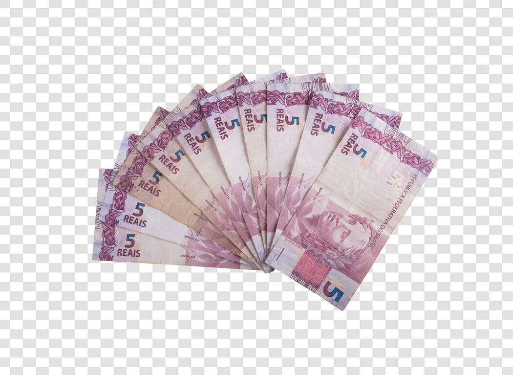 Notas de Dinheiro Reais Brasileiros de 5 Espalhadas PNG com fundo transparente