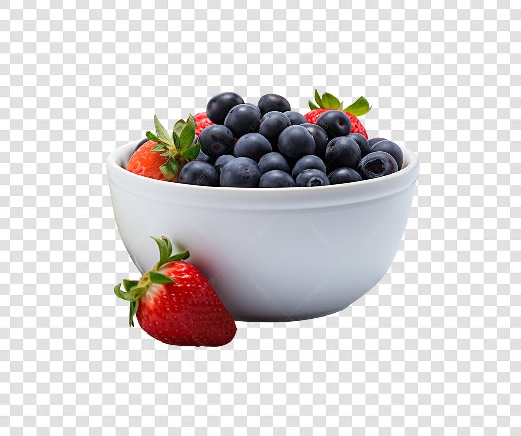 Imagem de Frutas Morangos e Mirtilos Frescos Tigela Branca PNG com fundo transparente