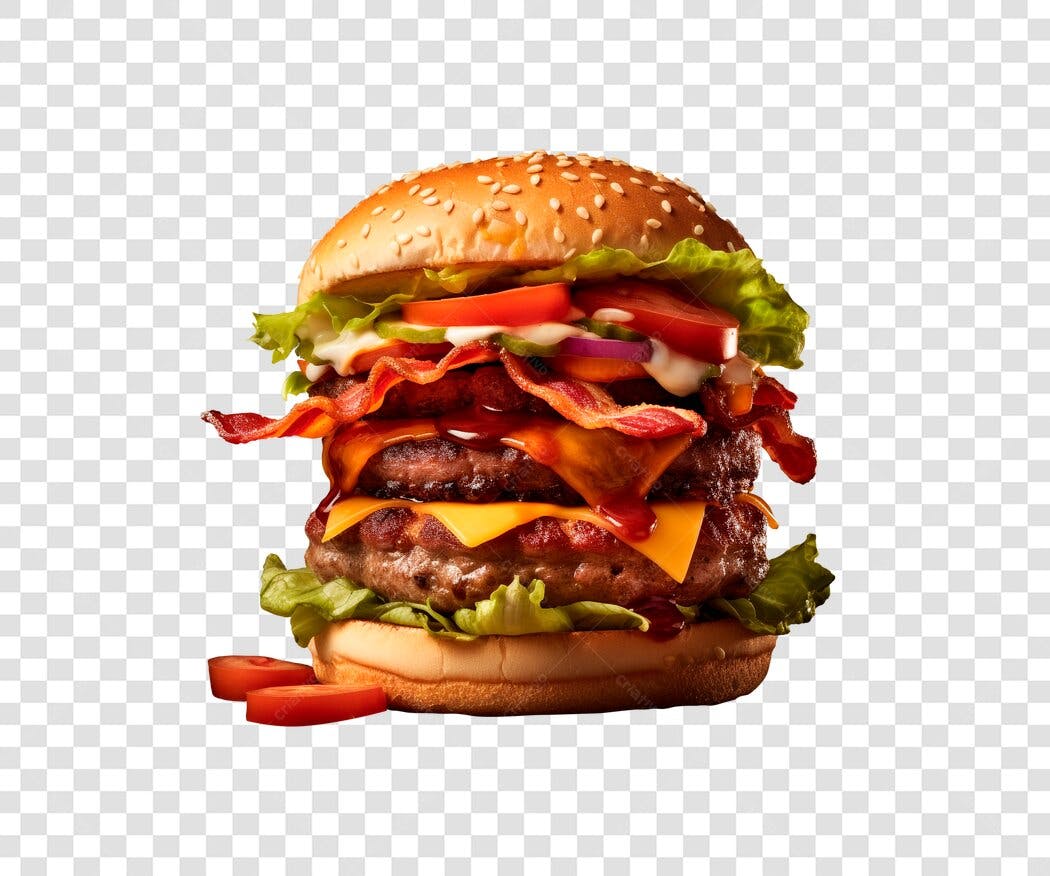 Imagem de Hambúrguer Bacon Duplo Queijo com Tomate Alface PNG com fundo transparente
