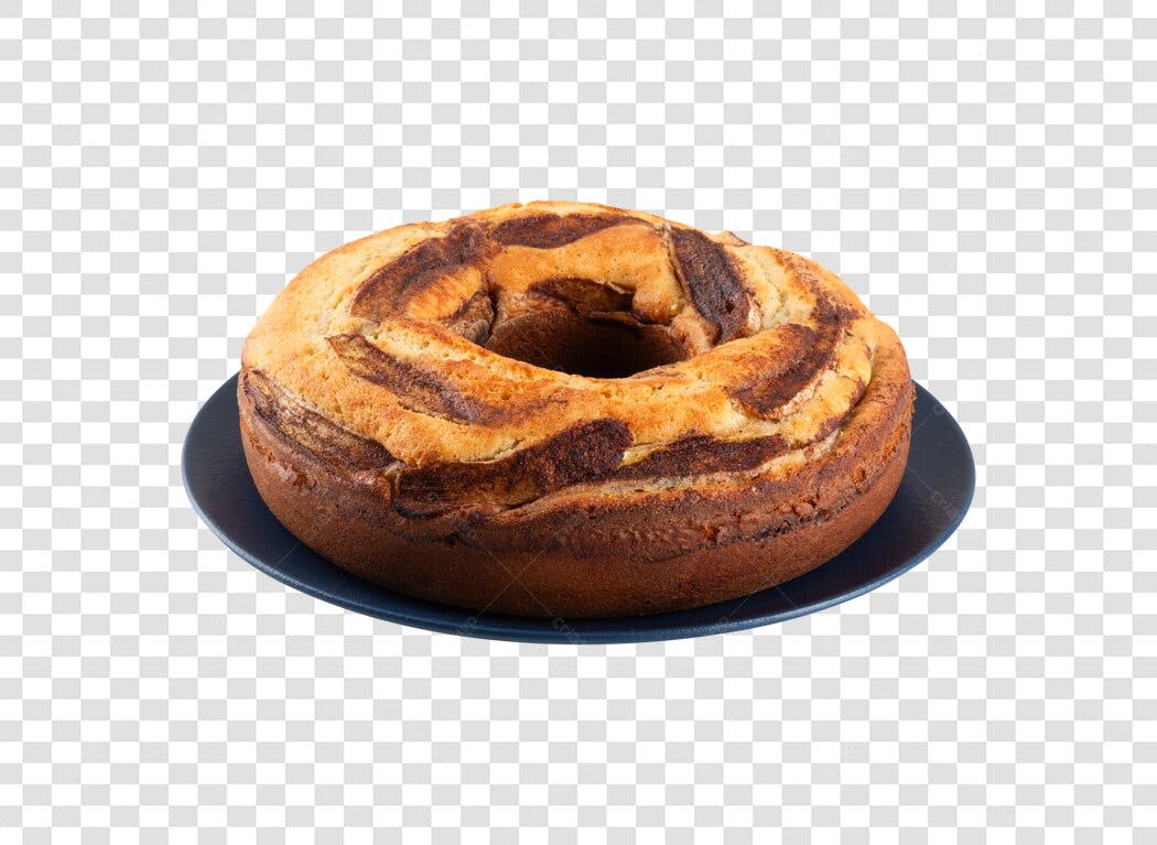 Bolo caseiro marmorizado de chocolate e fubá em prato azul PNG com fundo transparente