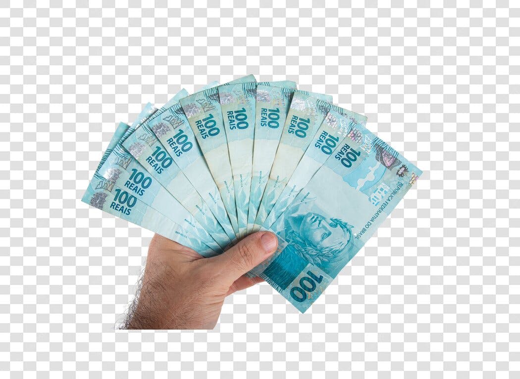 Elemento Financeiro Mão Segurando Notas de 100 Reais Brasileiros PNG com fundo transparente