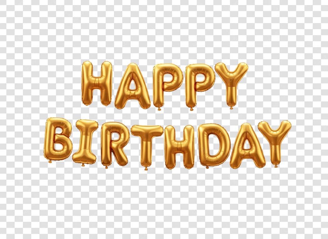 Texto decorativo balões dourados Feliz Aniversário PNG com fundo transparente