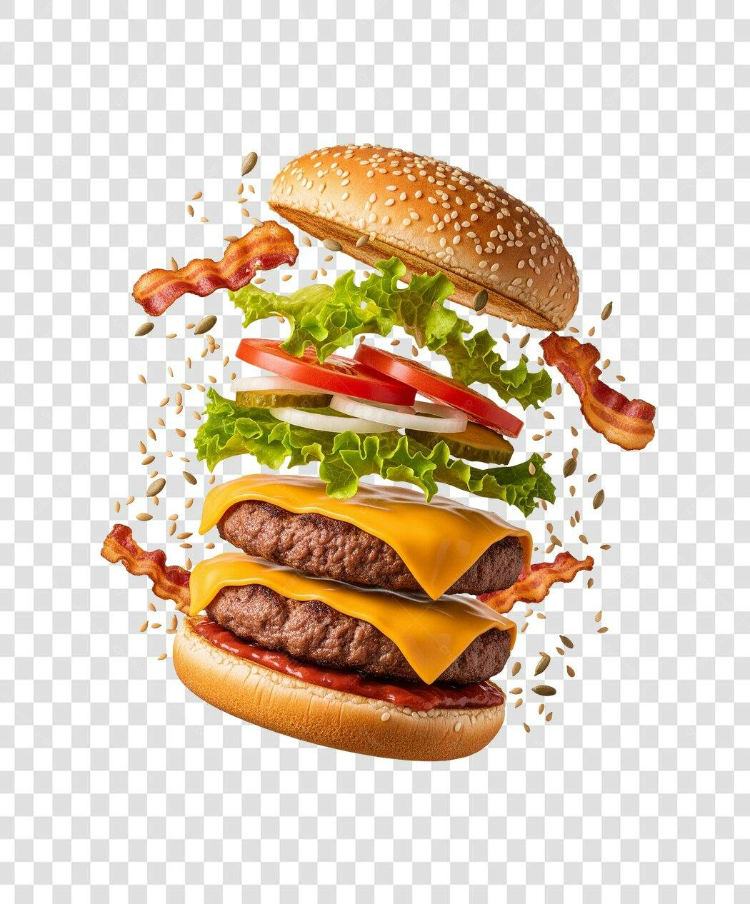 Imagem de Hambúrguer Duplo com Bacon Flutuante PNG com fundo transparente