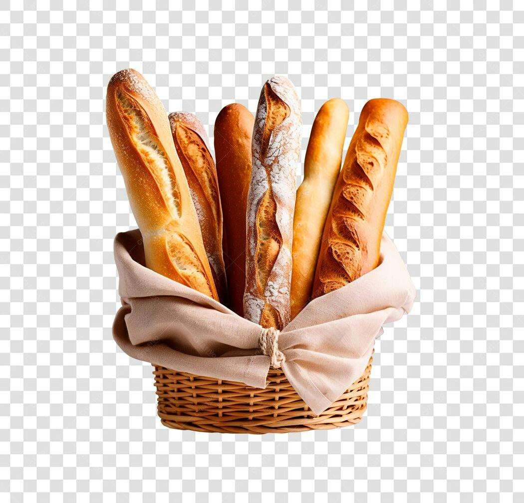 Cesta de pães baguetes frescos para padaria PNG com fundo transparente