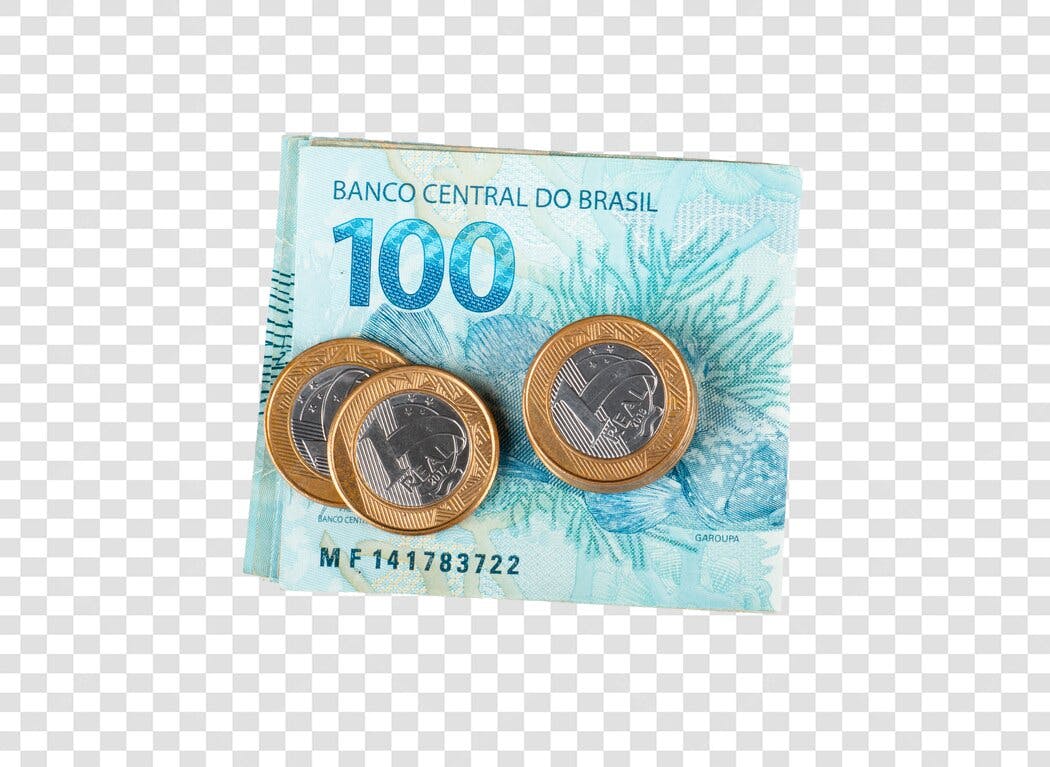 Imagem de Dinheiro Brasileiro Cédula de 100 Reais e Moedas PNG com fundo transparente