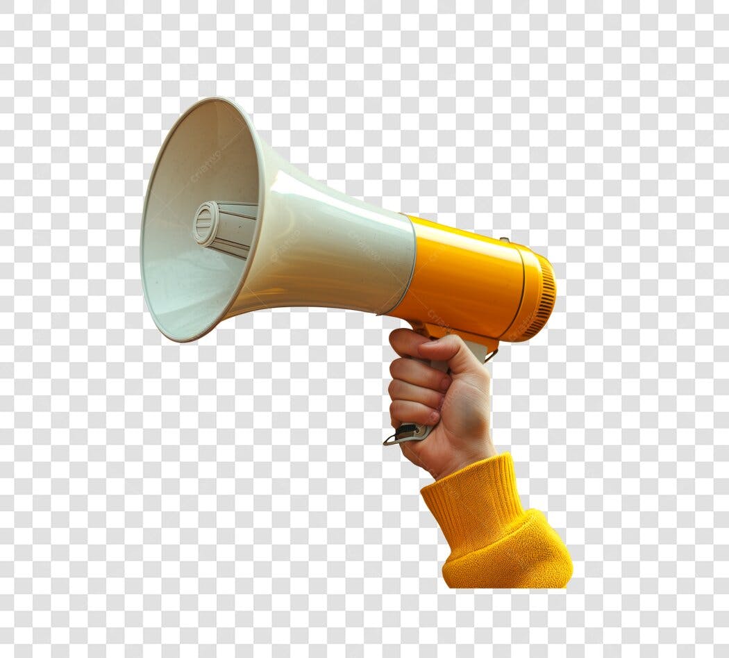 Megafone para Anúncio Mão Segurando Amarelo e Branco PNG com Fundo Transparente