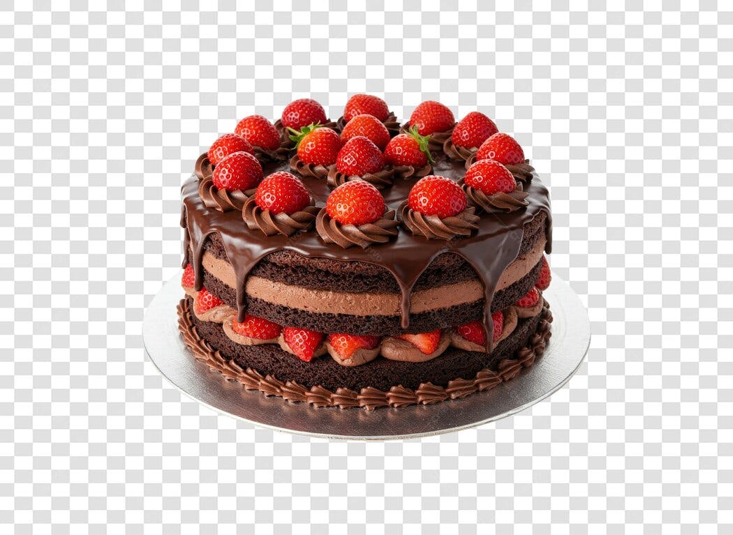Bolo de chocolate com morangos e ganache escorrendo PNG com fundo transparente