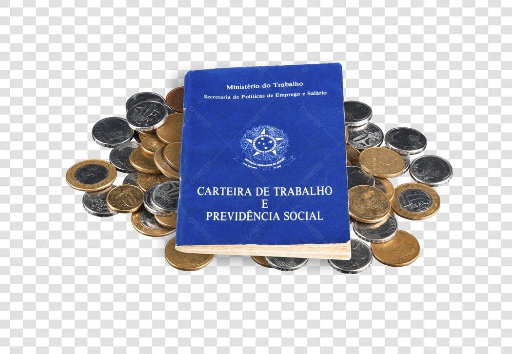 Carteira de Trabalho e Previdência Social com moedas brasileiras PNG com fundo transparente