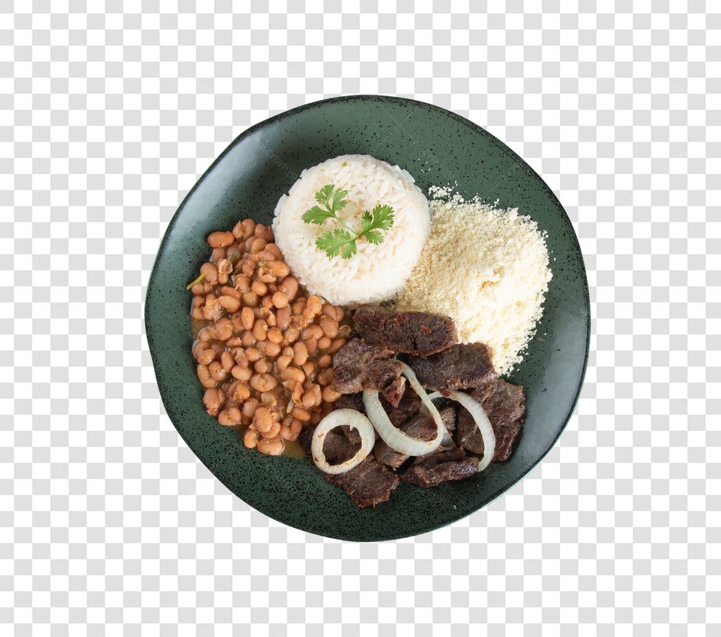 Prato de Comida Refeição Brasileira Arroz Feijão Carne Cebola Farofa PNG fundo transparente