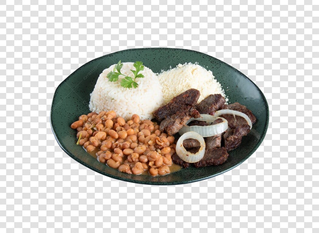 Refeição Tradicional Brasileira Bife Acebolado Arroz Feijão Farofa PNG com fundo transparente